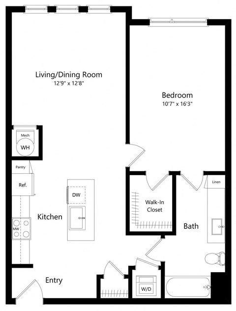 Floor plan for 1 bed, 1 bath, 815 sqft